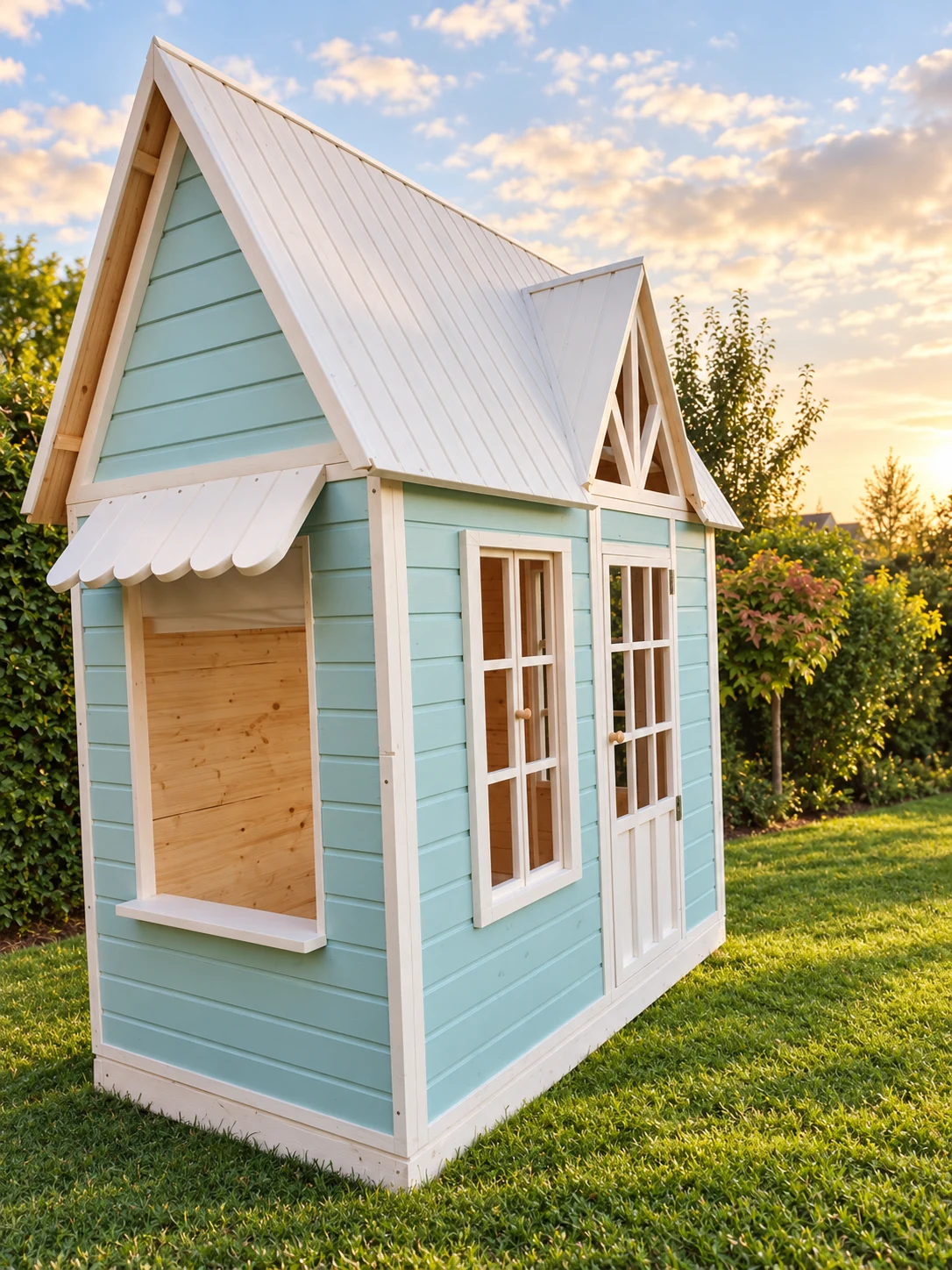 Side view of the pale aqua playhouse with a small shop window